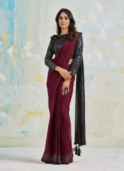 WINE SATIN SILK CREPE EMBROIDERED WEDDING-WEAR ONE-MINUTE BOUTIQUE SAREE