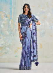 LIGHT BLUE SATIN SILK CREPE EMBROIDERED WEDDING-WEAR ONE-MINUTE BOUTIQUE SAREE