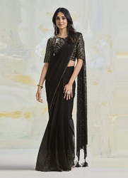 BLACK SATIN SILK CREPE EMBROIDERED WEDDING-WEAR ONE-MINUTE BOUTIQUE SAREE