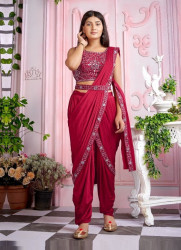 CRIMSON RED IMPORTED LYCRA HANDWORK PARTY-WEAR READY-TO-WEAR SAREE