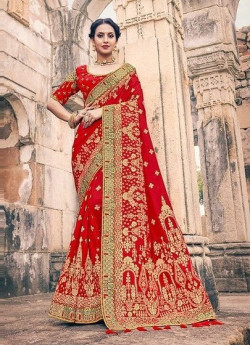RED DOLA SILK EMBROIDERED PARTY-WEAR SAREE