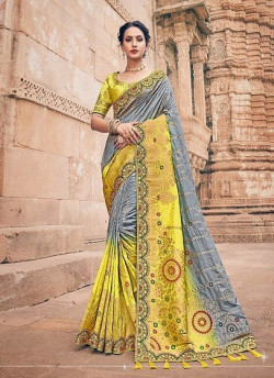 GRAY DOLA SILK EMBROIDERED PARTY-WEAR SAREE