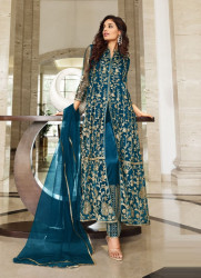 SEA BLUE NET WITH CODING, SEQUINS & EMBROIDERY-WORK PARTY-WEAR FRONT-SLIT SALWAR KAMEEZ