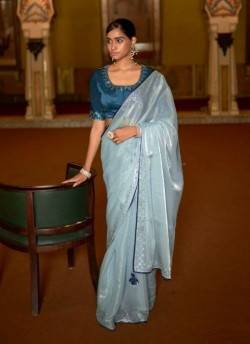 LIGHT BLUE ORGANZA WITH EMBROIDERY & HANDWORK PARTY-WEAR BOUTIQUE SAREE
