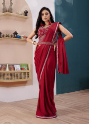 CRIMSON RED IMPORTED LYCRA EMBROIDERED PARTY-WEAR READY-TO-WEAR SAREE [WITH BELT]