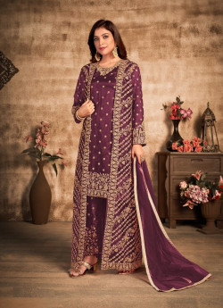 WINE NET WITH HEAVY FRONT & BACK EMBROIDERY WORK SALWAR KAMEEZ (WITH JACKET)