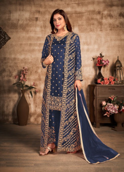 DARK BLUE NET WITH HEAVY FRONT & BACK EMBROIDERY WORK SALWAR KAMEEZ (WITH JACKET)