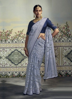 BLUE GRAY ORGANZA WITH BRASSO WEAVING PARTY-WEAR SAREE