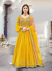 YELLOW GEORGETTE WITH EMBROIDERY & THREAD-WORK PARTY-WEAR FLOOR-LENGTH SALWAR KAMEEZ