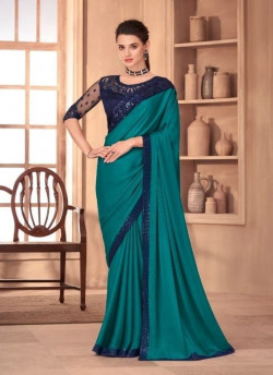 TEAL BLUE SILK EMBROIDERED PARTY-WEAR BOUTIQUE SAREE