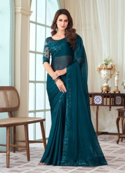SEA BLUE SILK EMBROIDERED PARTY-WEAR BOUTIQUE SAREE