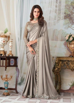 SILVER GRAY SILK EMBROIDERED PARTY-WEAR BOUTIQUE SAREE