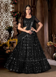 BLACK NET EMBROIDERY, FOIL PRINT & SEQUINS-WORK PARTY-WEAR LEHENGA CHOLI (WITH CAN-CAN)
