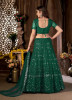DARK GREEN NET EMBROIDERY, FOIL PRINT & SEQUINS-WORK PARTY-WEAR LEHENGA CHOLI (WITH CAN-CAN)