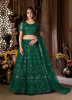 DARK GREEN NET EMBROIDERY, FOIL PRINT & SEQUINS-WORK PARTY-WEAR LEHENGA CHOLI (WITH CAN-CAN)