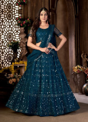SEA BLUE NET EMBROIDERY, FOIL PRINT & SEQUINS-WORK PARTY-WEAR LEHENGA CHOLI (WITH CAN-CAN)