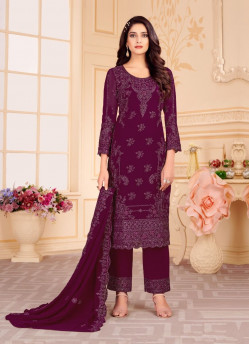 PURPLE BLOOMING FAUX GEORGETTE EMBROIDERED PARTY-WEAR PANT-BOTTOM SALWAR KAMEEZ