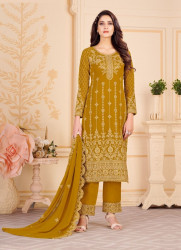 MUSTARD YELLOW BLOOMING FAUX GEORGETTE EMBROIDERED PARTY-WEAR PANT-BOTTOM SALWAR KAMEEZ