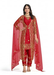 RED NET WITH CODING, EMBROIDERY & MIRROR-WORK RAMADAN-SPECIAL PANT-BOTTOM SALWAR KAMEEZ