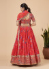 CORAL RED FAUX GEORGETTE WITH ZARI, SEQUINS, EMBROIDERY & DIGITAL PRINTED PARTY-WEAR LEHENGA CHOLI