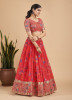 CORAL RED FAUX GEORGETTE WITH ZARI, SEQUINS, EMBROIDERY & DIGITAL PRINTED PARTY-WEAR LEHENGA CHOLI