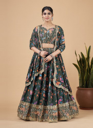 BOTTLE GREEN FAUX GEORGETTE WITH ZARI, SEQUINS, EMBROIDERY & DIGITAL PRINTED PARTY-WEAR LEHENGA CHOLI