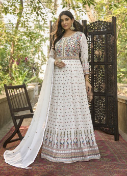 WHITE FAUX GEORGETTE EMBROIDERED PARTY-WEAR FLOOR-LENGTH SALWAR KAMEEZ