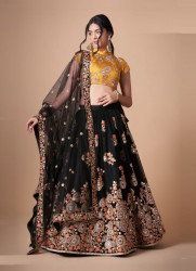 BLACK SOFT NET EMBROIDERED PARTY-WEAR STYLISH LEHENGA WITH CONTRAST BLOUSE