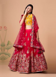 RED SOFT NET EMBROIDERED PARTY-WEAR STYLISH LEHENGA WITH CONTRAST BLOUSE