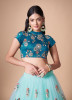 LIGHT AQUA SOFT NET EMBROIDERED PARTY-WEAR STYLISH LEHENGA WITH CONTRAST BLOUSE