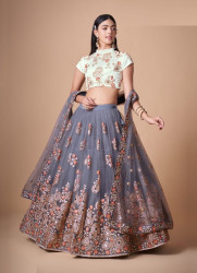 STEEL GRAY SOFT NET EMBROIDERED PARTY-WEAR STYLISH LEHENGA WITH CONTRAST BLOUSE