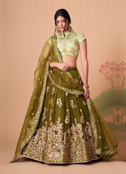 OLIVE GREEN SOFT NET EMBROIDERED PARTY-WEAR STYLISH LEHENGA WITH CONTRAST BLOUSE