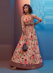 PEACH CRAPE, SEQUINS, EMBROIDERED & DIGITAL PRINTED PARTY-WEAR FLOOR-LENGTH GOWN (WITH BELT)