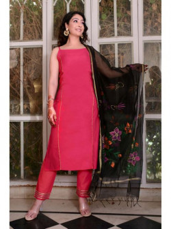 Women Pink Gota Emblished Kurta with Pants & Painted Chanderi Dupatta