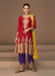 RED CHINON SILK EMBROIDERED PARTY-WEAR READYMADE TRENDING SALWAR KAMEEZ
