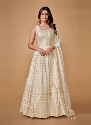 White Georgette Sequins-Work Party-Wear Readymade Gown With Dupatta