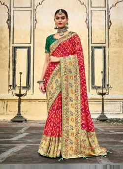 Red Pure Dola With Printed & Hand-Work Wedding-Wear Bridal Saree