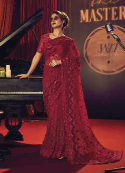 Crimson Red Net With Sequins, Thread, Moti, Zarkan & Hand-Work Wedding-Wear Bridal Saree