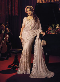 Light Pink Net With Thread, Zari, Sequins & Hand-Work Wedding-Wear Bridal Saree
