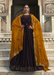 Dark Purple Georgette Thread, Embroidery & Sequins-Work Party-Wear Gown With Dupatta