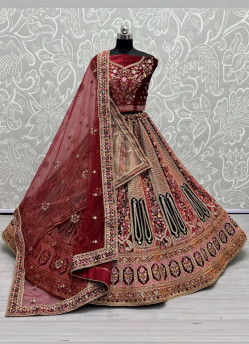 Maroon Velvet Sequins, Embroidery, Diamond & Handwork Wedding-Wear Bridal Lehenga Choli