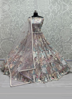 Dark Mauve Net With Cotton Embroidery, Sequins & Thread-Work Wedding-Wear Stylish Lehenga Choli