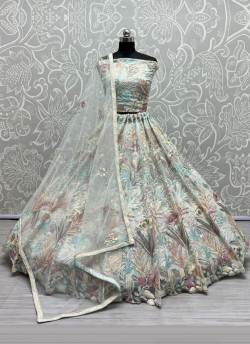 Light Blue Net With Cotton Embroidery, Sequins & Thread-Work Wedding-Wear Stylish Lehenga Choli