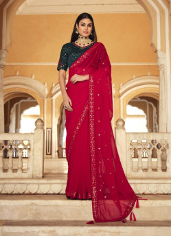 Red Chinon Thread & Sequins-Work Party-Wear Saree