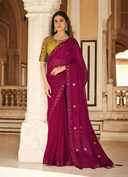 Wine Red Chinon Thread & Sequins-Work Party-Wear Saree