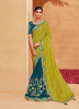 Lime Green & Sea Blue Silk Embroidered Wedding-Wear Saree