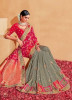 Crimson Red & Gray Silk Embroidered Wedding-Wear Saree