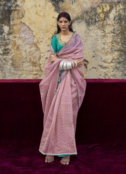 Pink Party-Wear Boutique-Style Saree With Embroidered Blouse