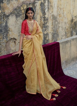 Light Mustard Yellow Party-Wear Boutique-Style Saree With Embroidered Blouse