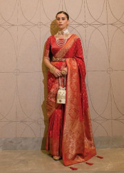Red Satin Weaving Party-Wear Jari Silk Saree